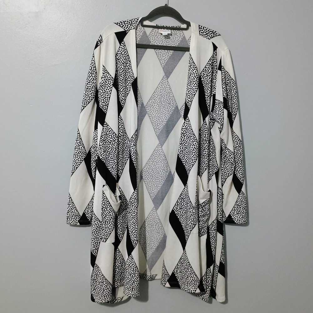 LuLaRoe Longline Cardigan XL Black White Geometric Diamond Polka Dot Pockets